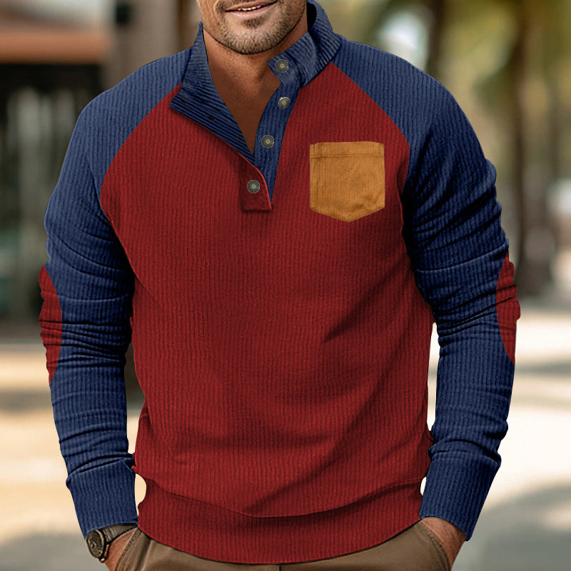 Herren Geripptes Henley‑Pullover mit Raglanärmeln, Ellenbogen‑Patches & Brusttasche – Cavarno
