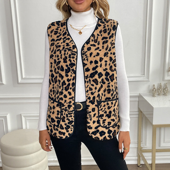 Damen Gefütterte Teddy‑Weste mit Leopardenmuster und aufgesetzten Taschen – Célinea