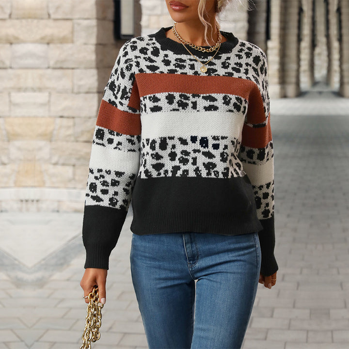Damen Feinstrickpullover mit Animalprint‑Blockstreifen und geripptem Saum Echoarchiv