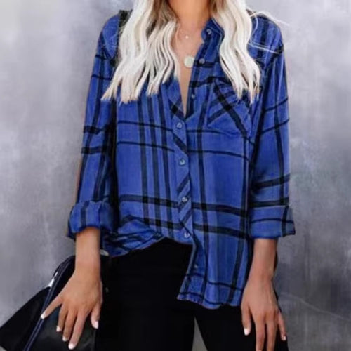 Damen Oversize-Hemdbluse mit Karomuster, Brusttasche und umkrempelbaren Ärmeln – Élovi