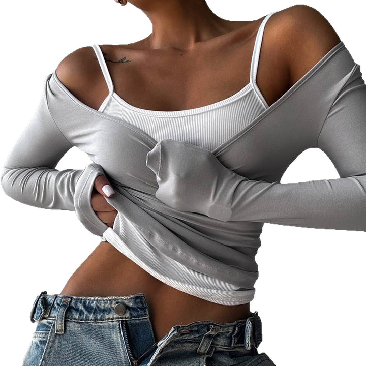 Damen nan tailliertes Longsleeve-Cropped-Top mit eckigem Ausschnitt und doppelten Spaghettiträgern Echo Archiv