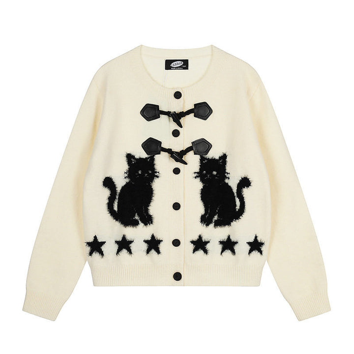 Damen Strickjacke mit Katzen-Jacquard, Zierknebelverschluss und Sternbordüre Echoarchiv