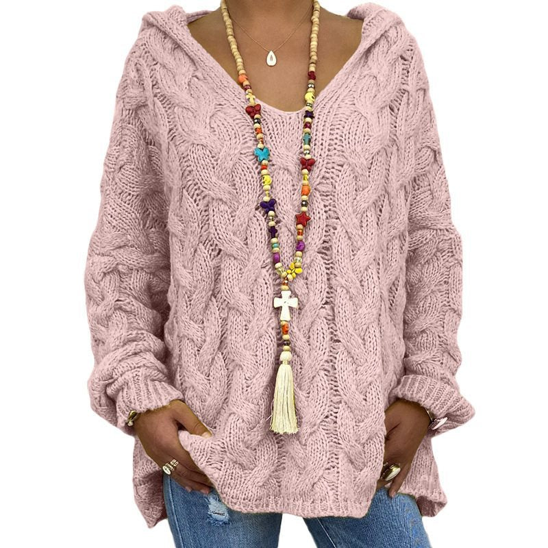 Damen Oversized Zopfmuster-Strickpullover mit Kapuze und lässigem V‑Ausschnitt Echo Archiv