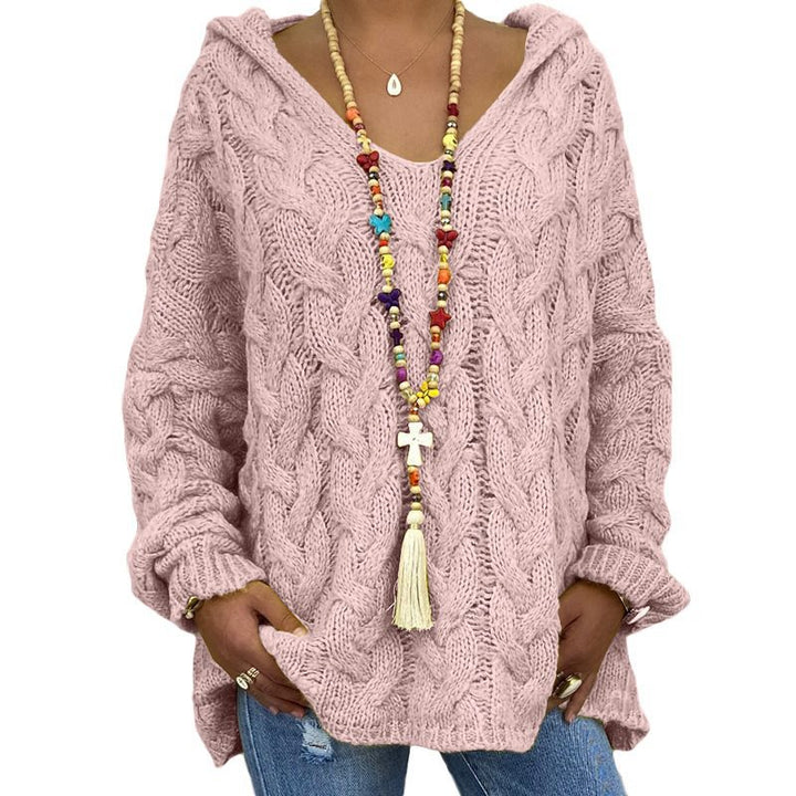Damen Oversized Zopfmuster-Strickpullover mit Kapuze und lässigem V‑Ausschnitt Echo Archiv