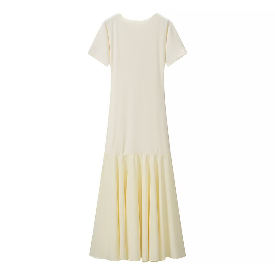 Damen Maxikleid mit kurzen Ärmeln, figurumspielendem Oberteil und ausgestelltem Volant-Saum Echo Archiv