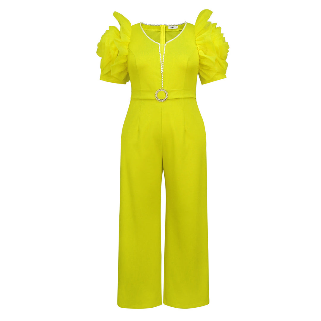 Damen eleganter Jumpsuit mit voluminösen Puffärmeln und Perlenakzent Echo Archiv