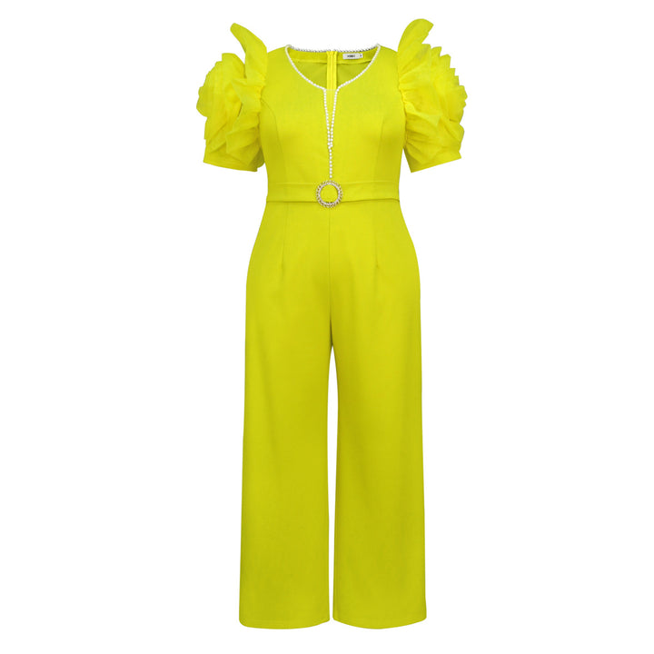 Damen eleganter Jumpsuit mit voluminösen Puffärmeln und Perlenakzent Echo Archiv