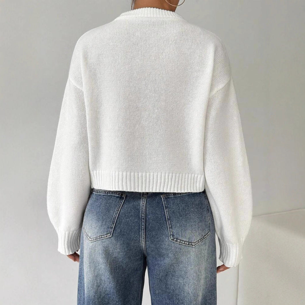 Damen Kurz-Cropped Pullover aus feinem Strick mit Ballonärmeln und geripptem Bund – Mavelle