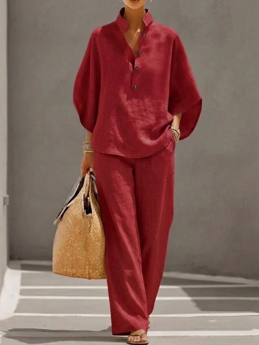 Damen Lockeres Leinenoptik-Zweiteiler mit Stehkragenbluse und weitem Palazzo-Hose – Élanora