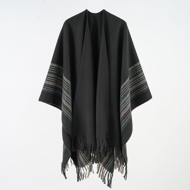 Damen Weichfallender Umlegeponcho mit gestreifter Bordüre und Fransensaum Echo Archiv