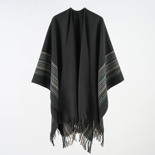 Damen Weichfallender Umlegeponcho mit gestreifter Bordüre und Fransensaum Echo Archiv