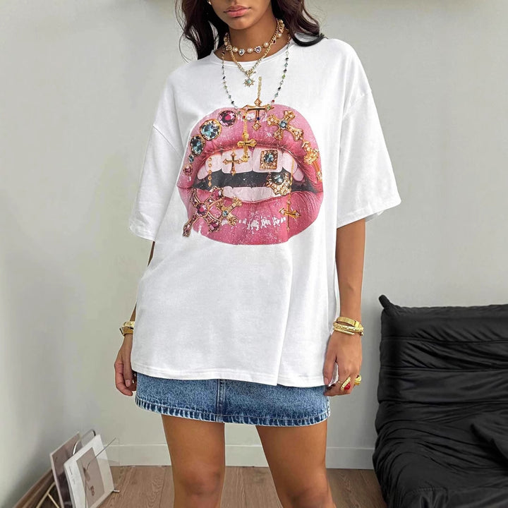 Damen Oversized T-Shirt mit kreativem Lippen- und Schmuckdesign Echo Archiv