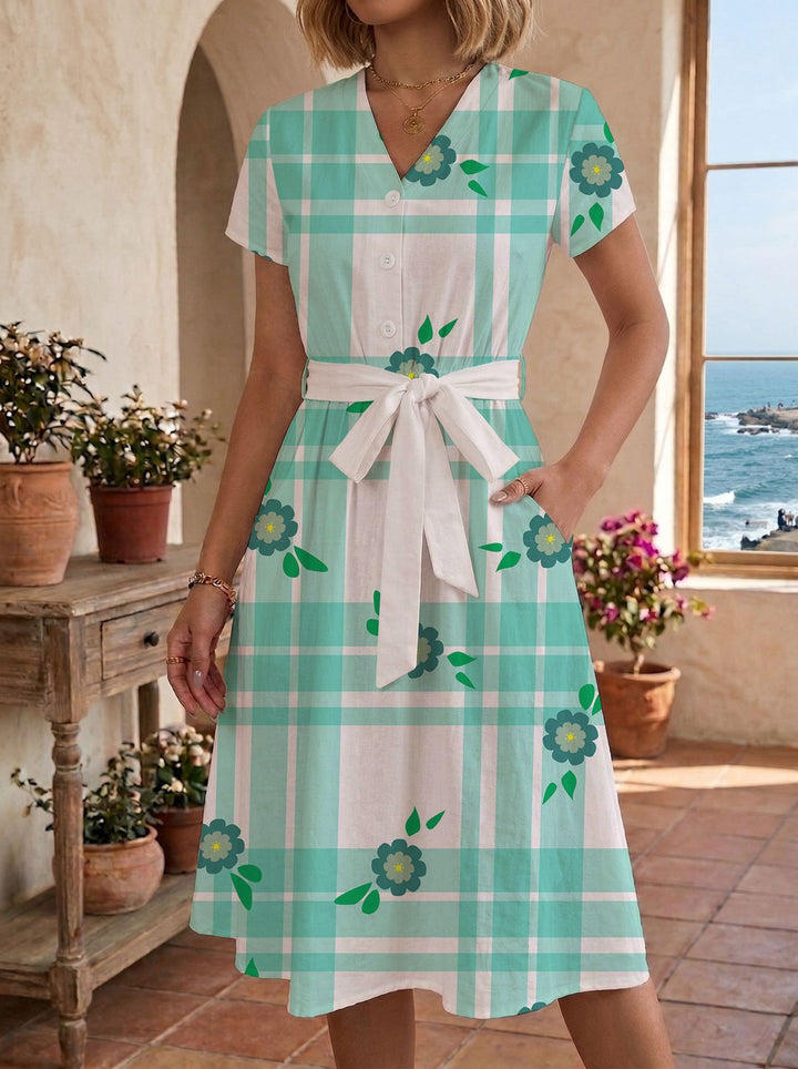 Damen lässiges Maxikleid mit taillierbarem Knoten und dekorativem Karomuster Echo Archiv