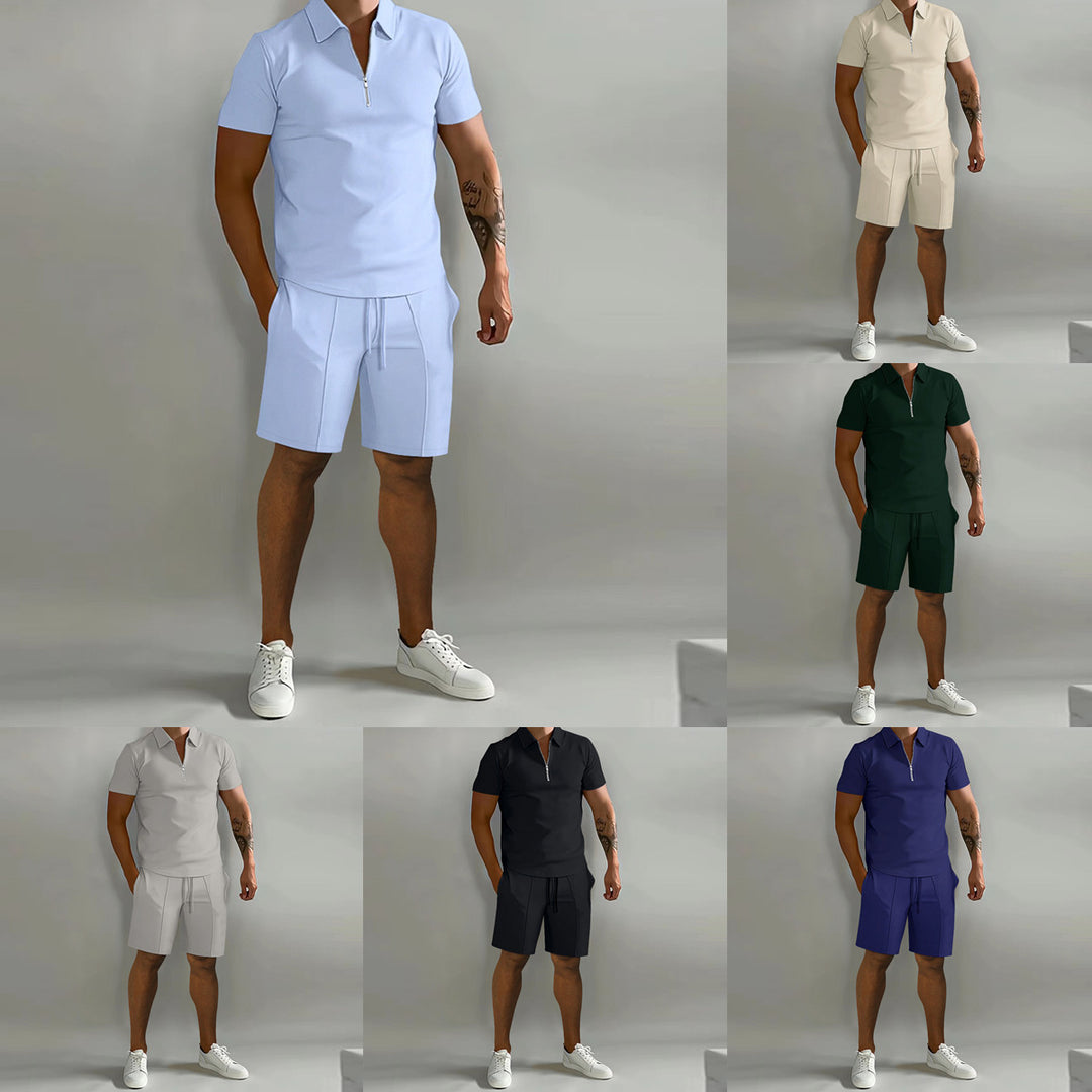 Herren sportliches Kurzarm-Poloshirt mit Reißverschluss und passenden Shorts Echoarchiv