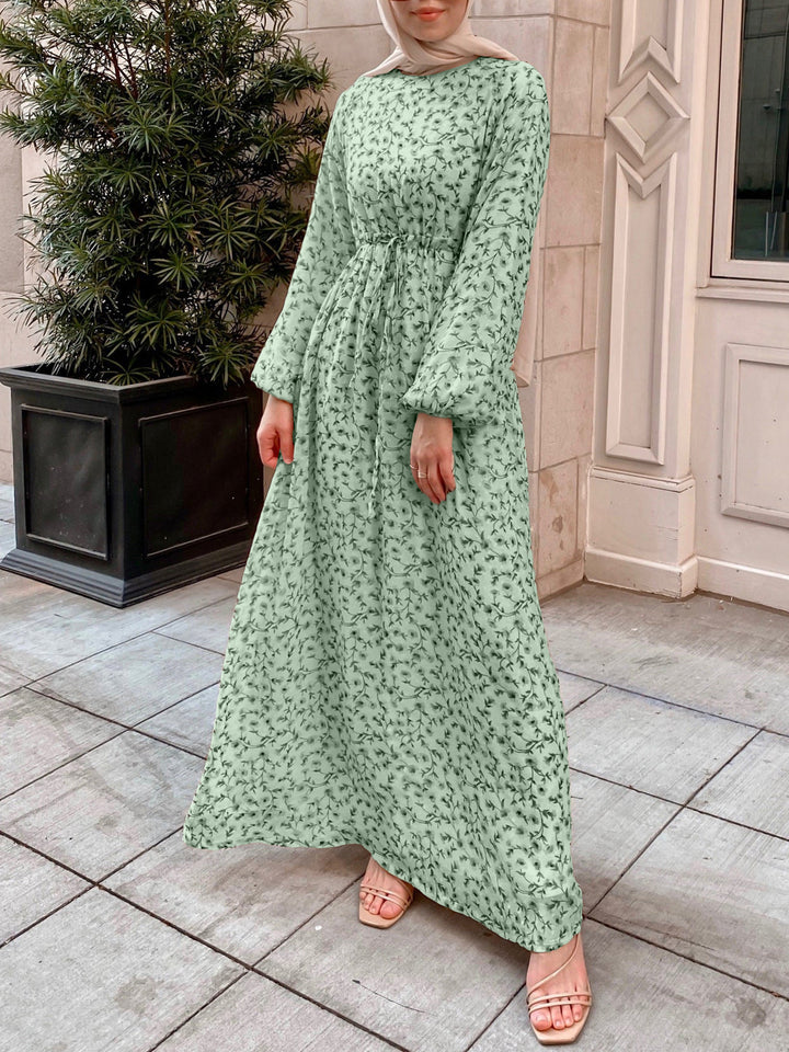 Damen Geblümtes Maxikleid mit Kordel-Taille und Ballonärmeln – Valéora