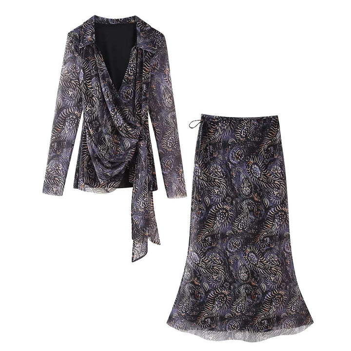 Damen nan drapiertes Wickelchiffon-Blusentop mit Hemdkragen und langen Bindeschleifen Echo Archiv