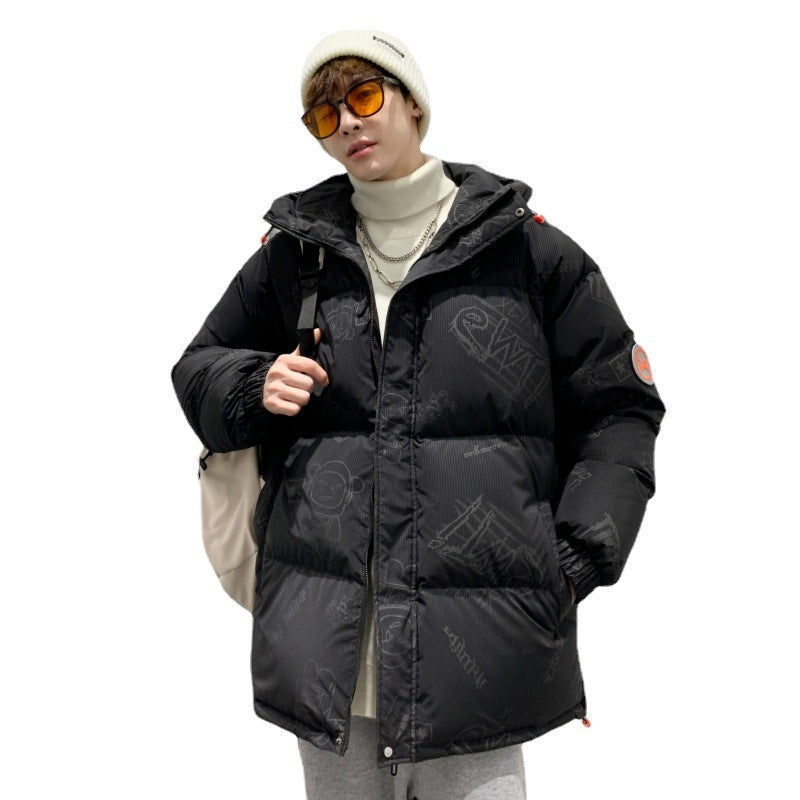 Herren gefütterte oversized Steppjacke mit Kapuze und Allover-Print Echoarchiv