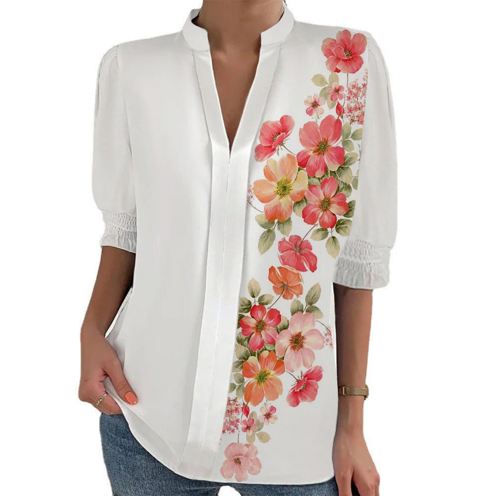 Damen Blumenprint Tunika-Bluse mit Stehkragen, geschlitzter V‑Blende und gerafften 3/4-Ärmeln – Élovi