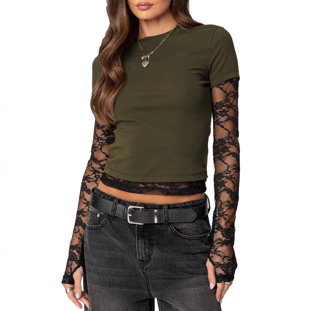 Damen Kurzgeschnittenes T‑Shirt mit transparenten Spitzenärmeln – Avérine