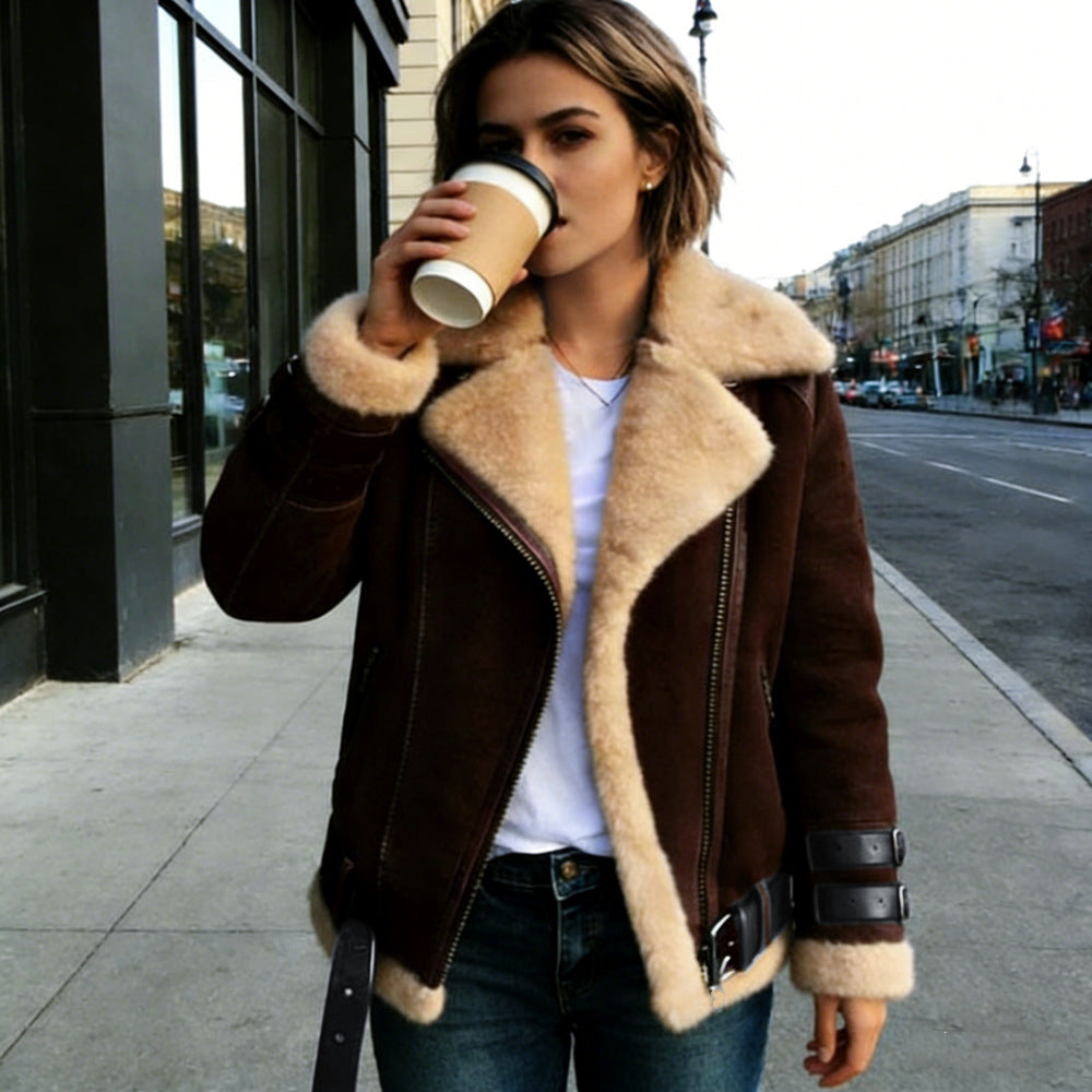 Damen nan flauschige Bikerjacke mit Teddyfutter und Schnallenbesatz Echo Archiv