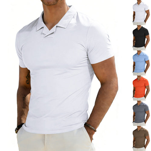 Herren nan schmal geschnittenes Kurzarm-Polo mit offenem Hemdkragen und elastischem Baumwollstretch Echo Archiv