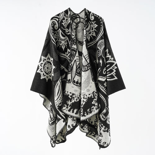 Damen Jacquard-Überwurfponcho mit doppelseitiger Webstruktur und Zierstichkante Echo Archiv