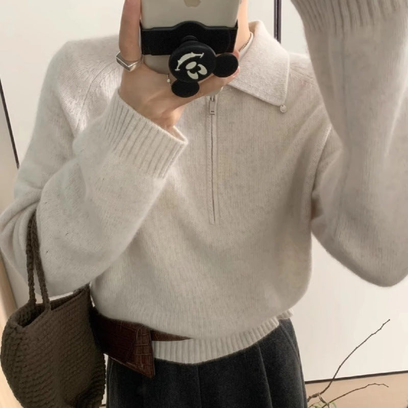 Damen Kurzzip-Polo-Pullover aus flauschigem Wollmix mit kastiger Silhouette Echoarchiv