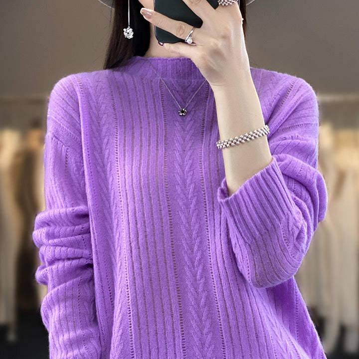 Damen Kaschmirähnlicher Feinstrick-Mockneckpullover mit Ajour‑Zopfmuster und lässiger Oversize‑Passform Echoarchiv