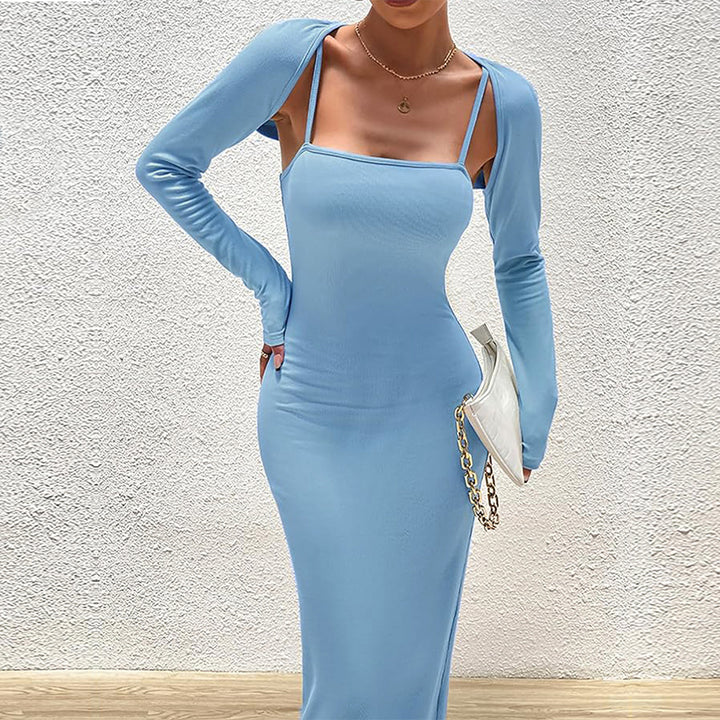 Damen schlankes Maxikleid mit Spaghettiträgern und abnehmbaren Bolero-Ärmeln – Valéora