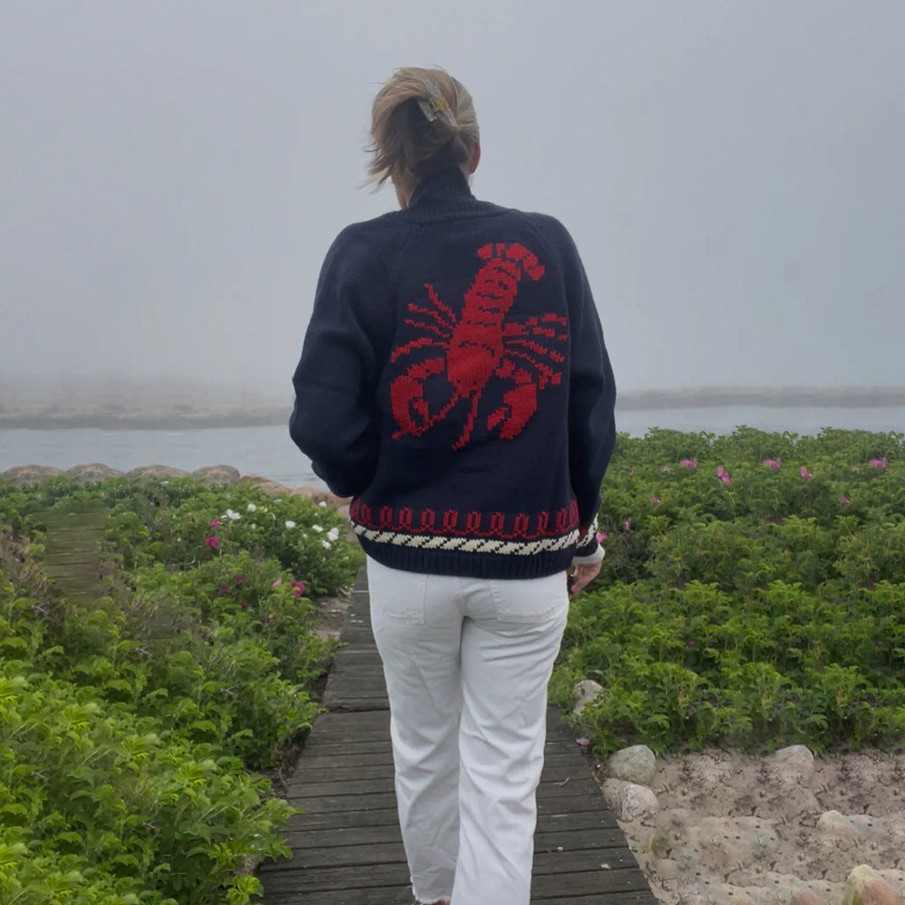 Damen Oversize Strickcardigan mit Walmotiv und nautischer Kontrastbordüre Echoarchiv