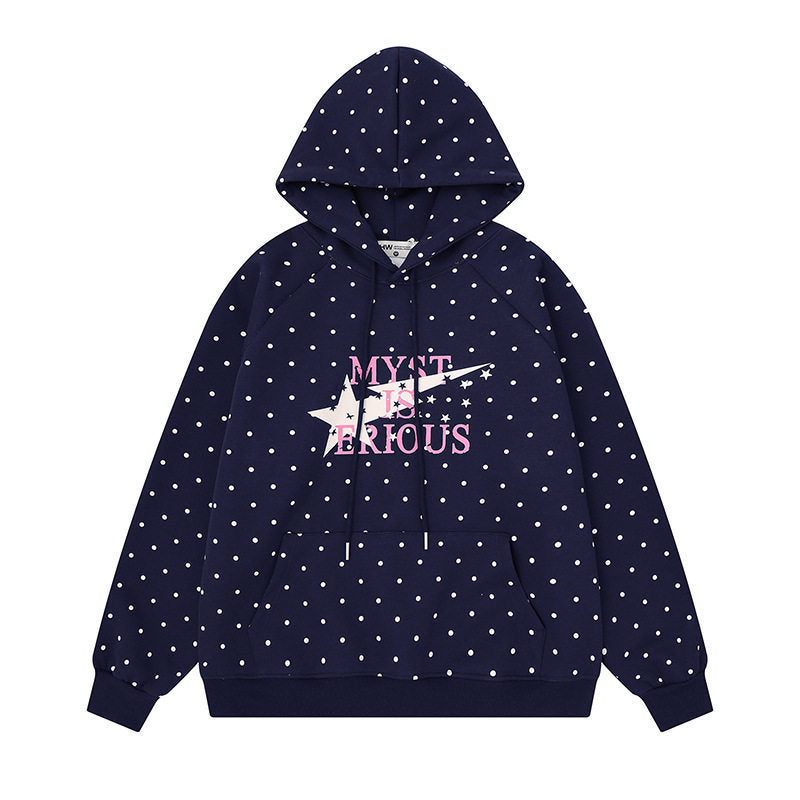 Damen Oversize-Kapuzenpullover mit Polka-Dot-Allover, Kängurutasche und Stern-Grafik Echoarchiv