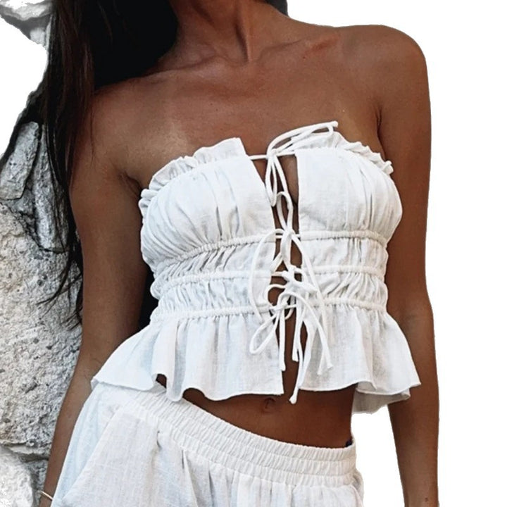 Damen Cropped Oberteil mit rüschengeschnittenem Saum und sexy Schnürung Echo Archiv