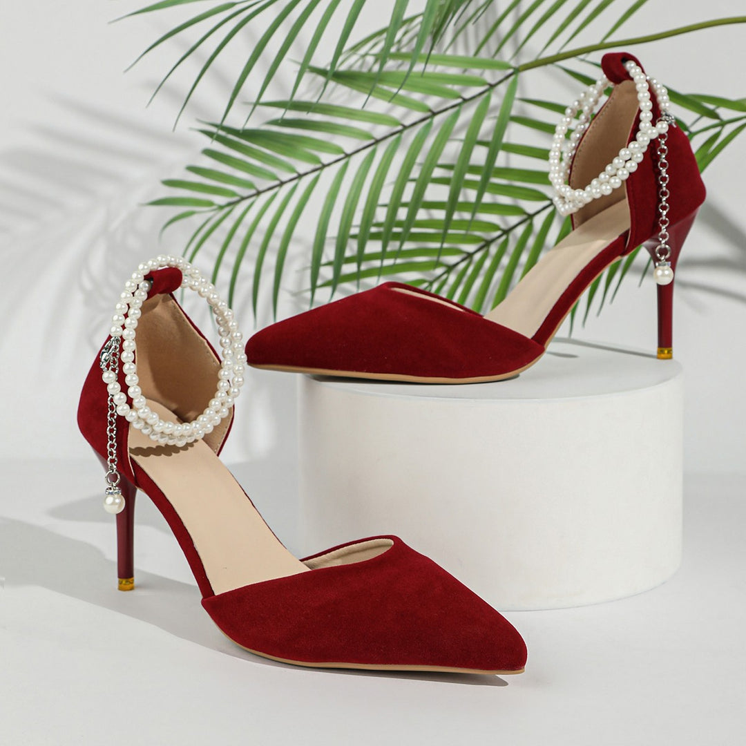 Damen Elegante spitz zulaufende Pumps mit Perlen-Knöchelriemen und schmalem Stiletto – Lioré