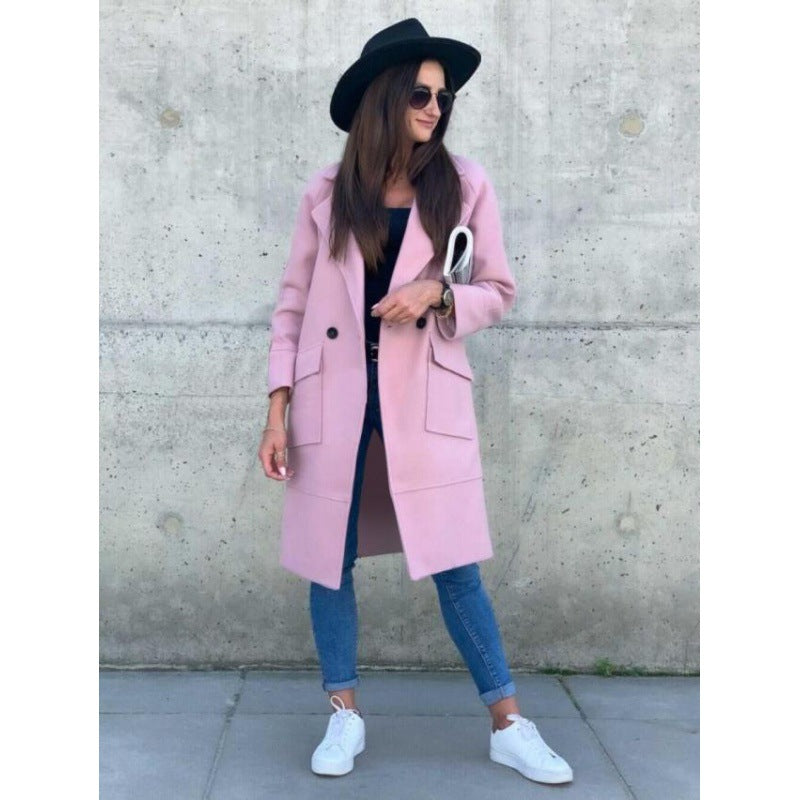 Damen Midilanger Wollmix Mantel im Clean-Cut mit Reverskragen und aufgesetzten Taschen – Montévia