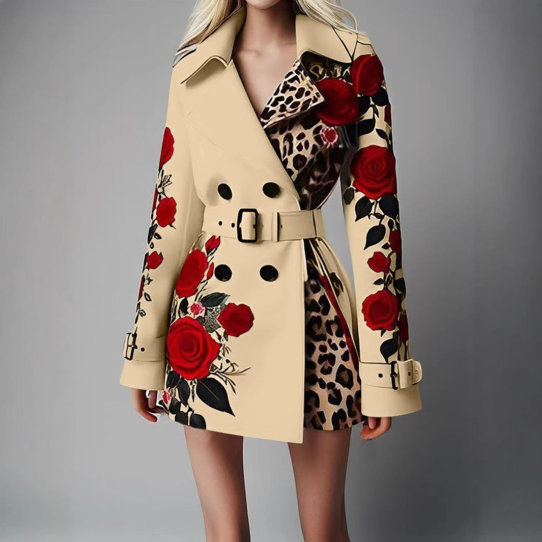 Damen Taillierter Trenchcoat mit Rosenprint und Leoparden-Innenfutter – Montévia