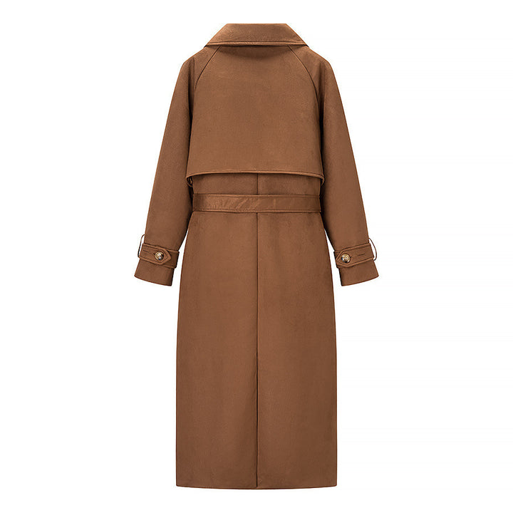 Damen langer Mantel im Trenchcoat Stil mit Doppelreiher Bindegürtel und Schalkragen – Montévia