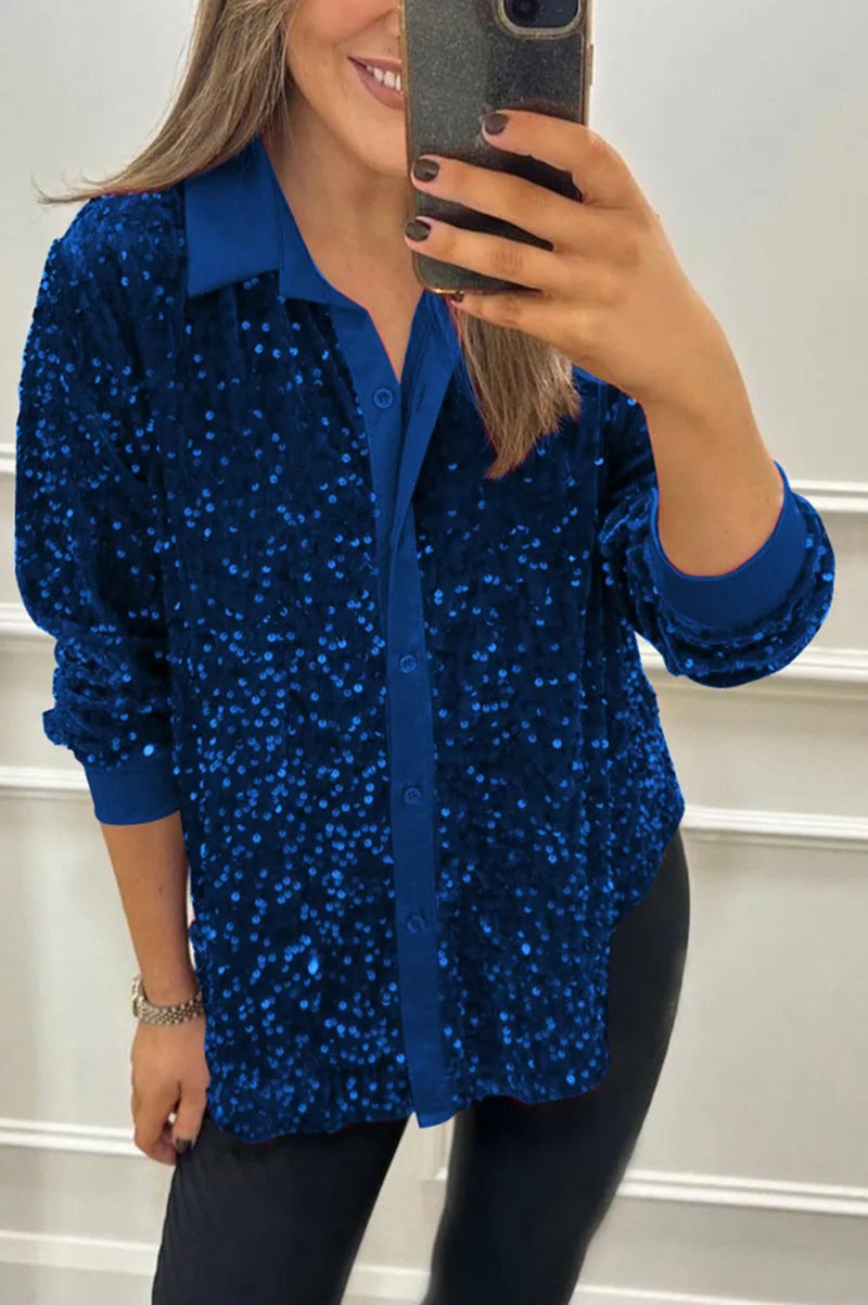 Damen nan glitzernde Pailletten-Hemdbluse mit Kragen, Knopfleiste und elastischen Manschetten Echo Archiv