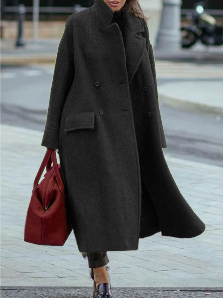 Damen nan Cape-ähnlicher doppelreihiger Wollmantel mit weitem Fall, hohem Stehkragen und Pattentaschen Echo Archiv