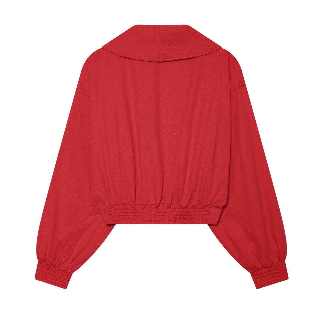 Damen kurze Wickeljacke mit großem Schalkragen, Taillengürtel und Ballonärmeln – Célinea