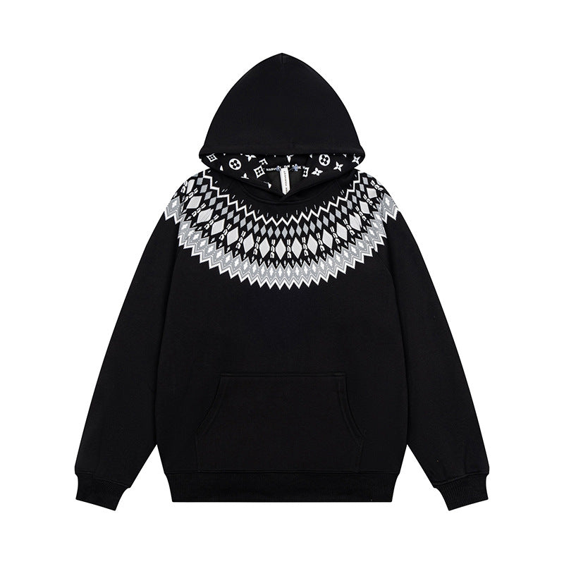 Unisex Oversize Kapuzenpullover mit nordischem Rundpasse-Jacquard, Kängurutasche und Rippbündchen Echoarchiv