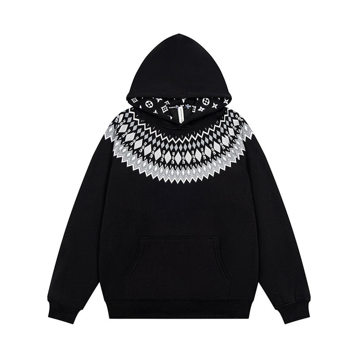 Unisex Oversize Kapuzenpullover mit nordischem Rundpasse-Jacquard, Kängurutasche und Rippbündchen Echoarchiv