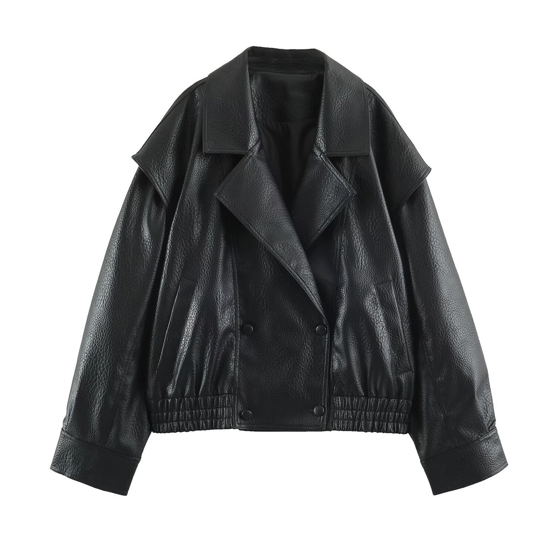Damen Oversize Kunstlederjacke mit Doppelreihe, weitem Revers und elastischem Saum Echoarchiv