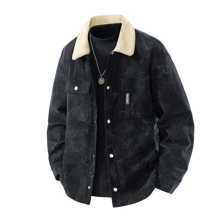 Men's marbled corduroy sherpa-collar overshirt jacket with flap chest pockets – Taviero