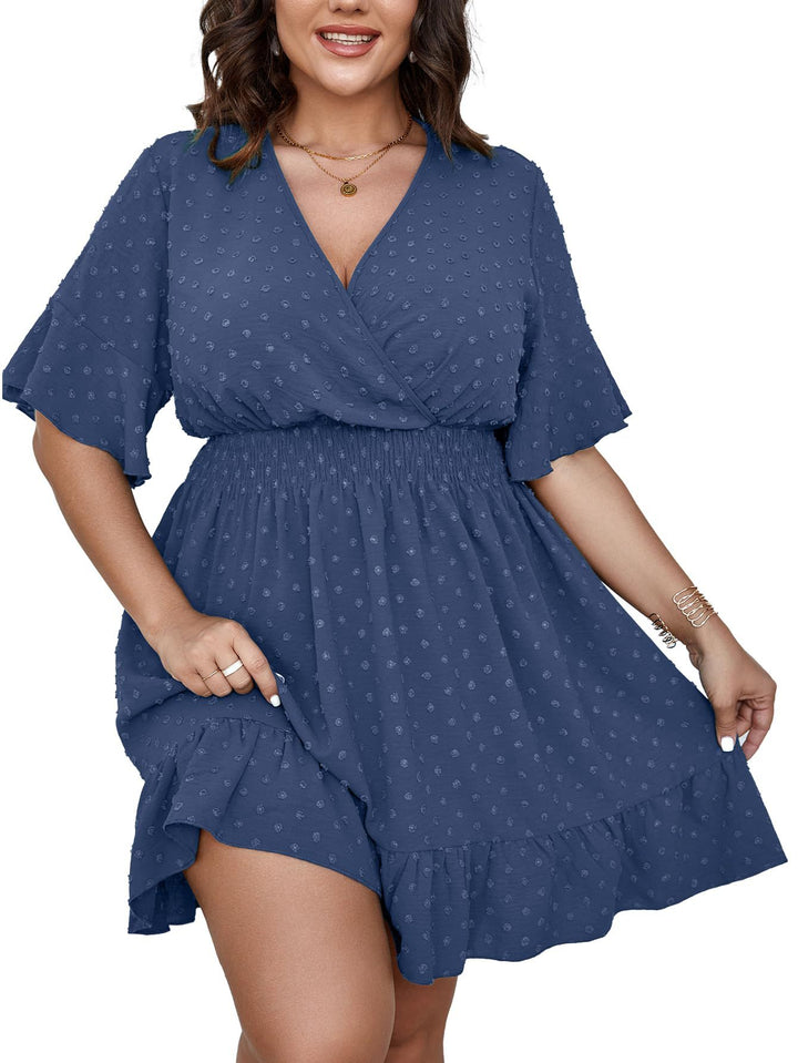 Damen Midikleid mit drapiertem V‑Ausschnitt, Smok-Taillenband und Volantstufen – Élara