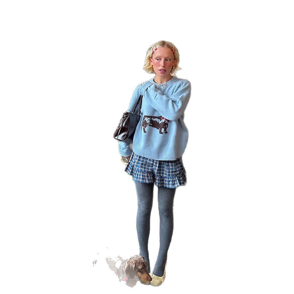 Damen Strickpullover mit Dackel‑Intarsia und entspanntem Oversize‑Schnitt Echoarchiv