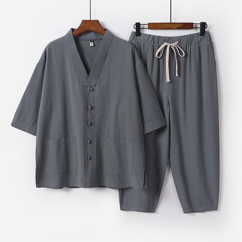 Unisex Leichtes Kimono-Lounge-Set aus Baumwoll-Leinen mit Kurzarmjacke und Kordelbund-Hose Echoarchiv