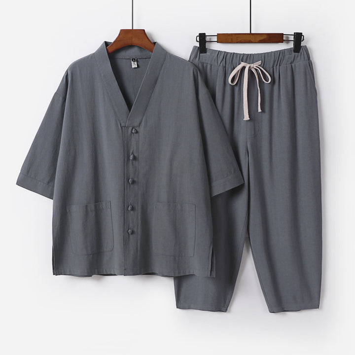 Unisex Leichtes Kimono-Lounge-Set aus Baumwoll-Leinen mit Kurzarmjacke und Kordelbund-Hose Echoarchiv