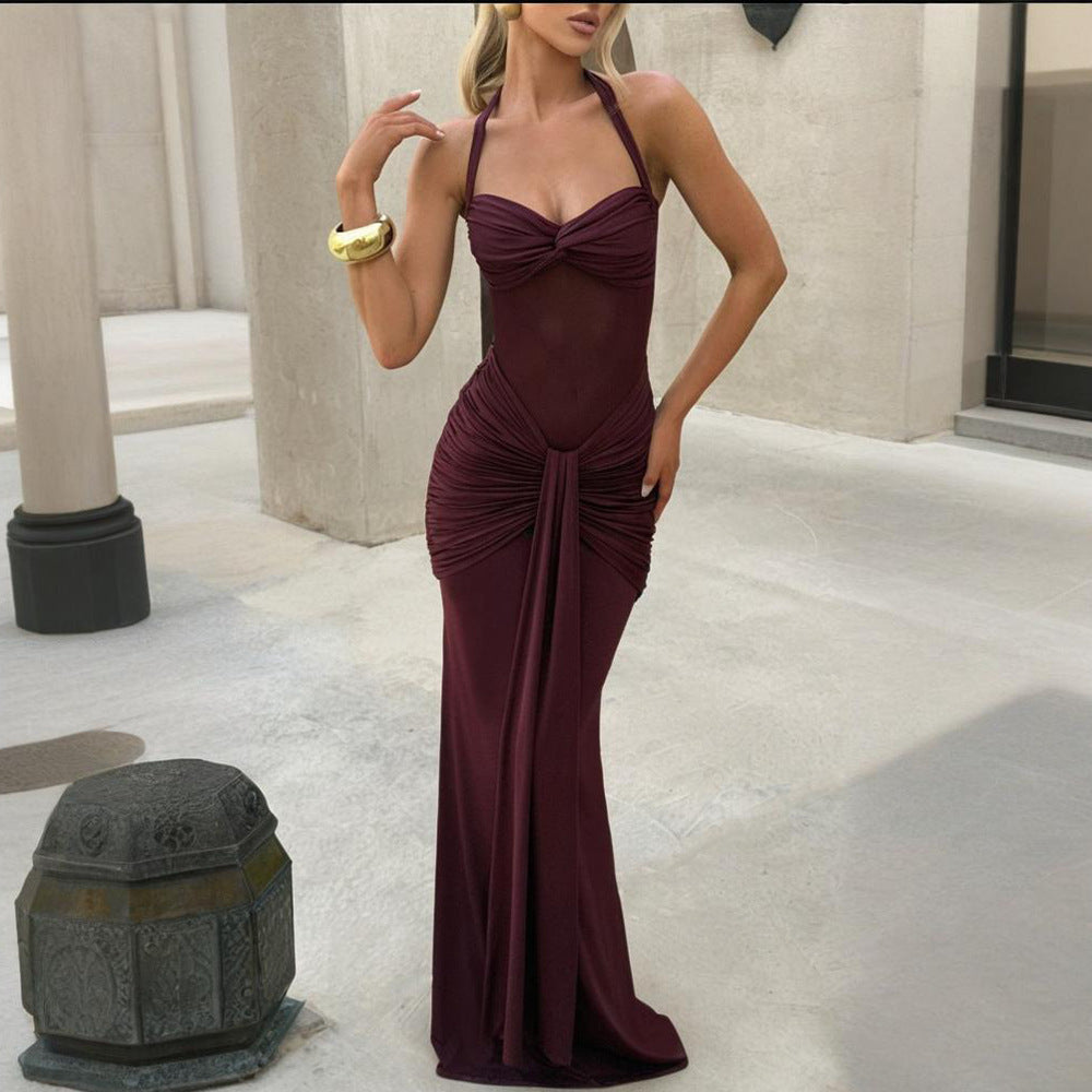 Damen elegantes Maxikleid mit schmeichelnder Raffung und Halterneck Echo Archiv