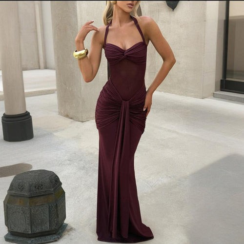 Damen elegantes Maxikleid mit schmeichelnder Raffung und Halterneck Echo Archiv