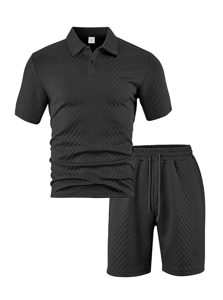 Herren nan eleganter Freizeit-Zweiteiler aus geprägtem Strick mit Polokragen Kurzarmshirt und Tunnelzug-Bermuda Echo Archiv